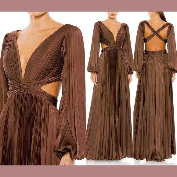 Mac Duggal Dresses & Skirts - NWT IEENA Mac Duggal [ 6 ] Long Sleeve Pleat Charmeuse CutOut Gown Espresso S957